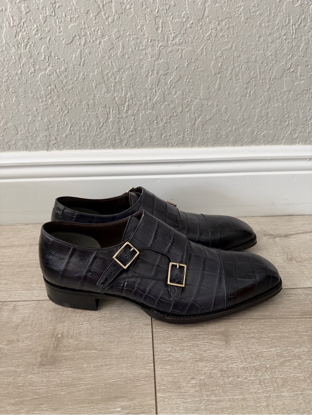 Tom ford Black Double Monk Strap croc navy Leather Dress Shoes men 10.5